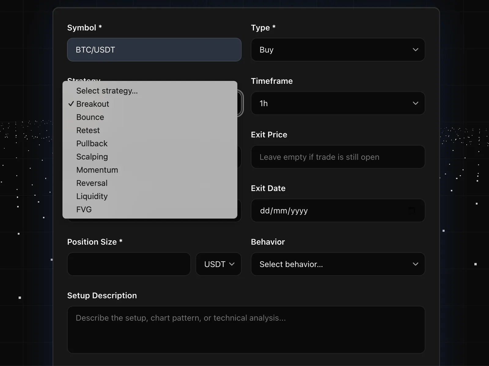 NeuroTrader trade journal β trade entry form with strategy, timeframe and position size