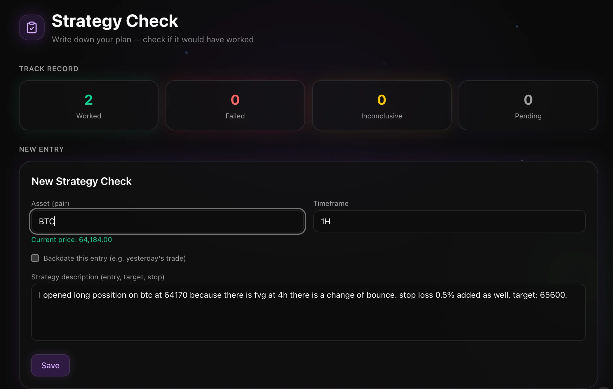 Strategy Check on NeuroTrader — writing down a trading plan before entering the trade